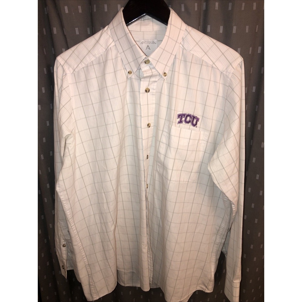 Antigua Mens White Plaid Button Down Shirt Embroidered TCU Horned Frogs Sz Large